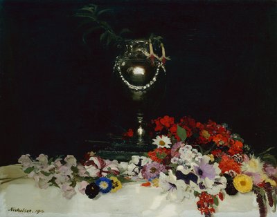 Urna y flores sobre una mesa de William Nicholson