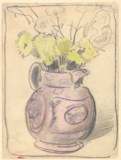 Jarrón de flores: crisantemos amarillos en una jarra de lustre (tizas negras y de color sobre papel) de William Nicholson