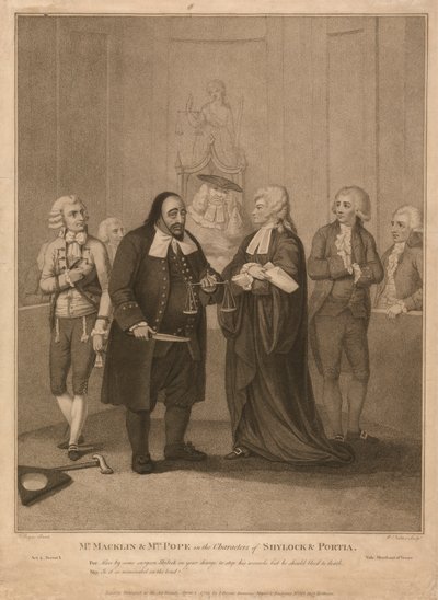 El Sr. Macklin y la Sra. Pope en los personajes de Shylock y Portia de William Nutter