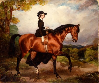 Retrato de la Sra. Thomas Conolly, sentada de lado en un hábito de montar negro sobre un cazador castaño de William Osborne