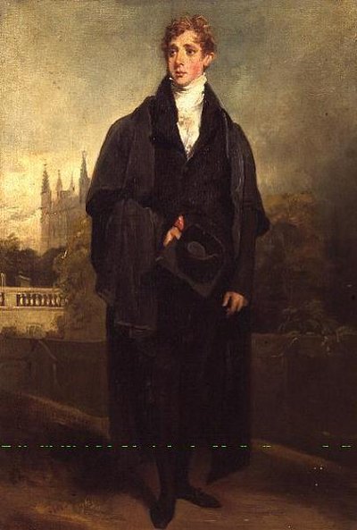 Retrato de Henry Townley (1769-1825) de pie con vestimenta académica, posiblemente con el Merton College, Oxford, al fondo de William Owen