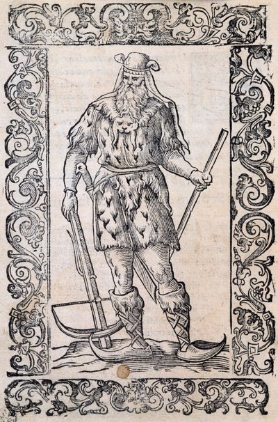 Hombre con vestido de piel, ballesta y zapatos con punta torcida (ejemplo de esquís rudimentarios), ilustración atribuida a Cesare Vecellio (1521-1601), publicada en Italia en el siglo XVI de Nicolas Toussaint Charlet