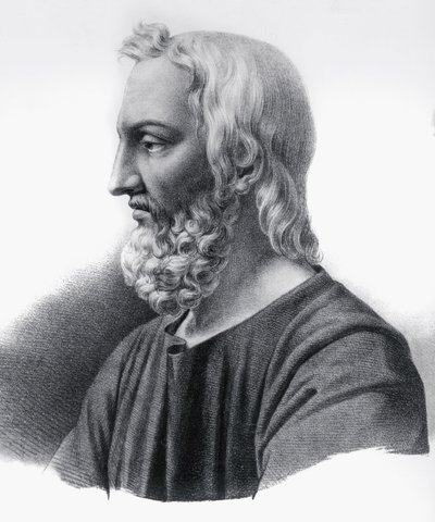 Retrato de Pedanius Dioscorides (circa 40-circa 90), médico, botánico y farmacéutico griego, grabado de Nicolas Toussaint Charlet