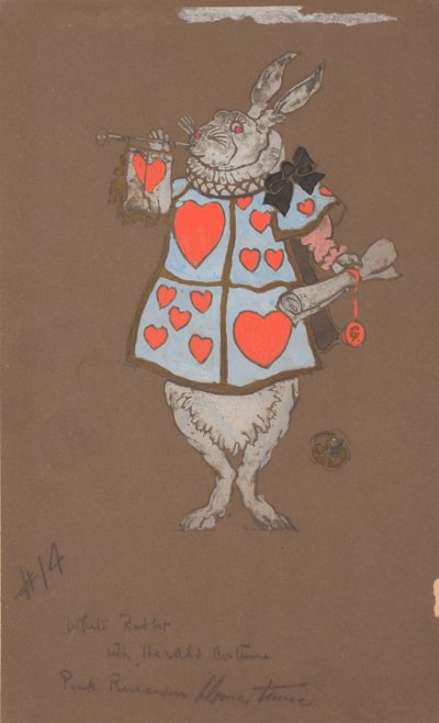 Conejo blanco con traje de heraldo diseño de vestuario de William Penhallow Henderson