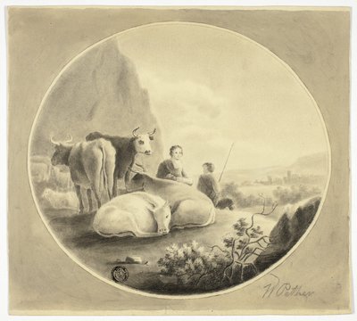 Pastores, vacas y ovejas en el paisaje de William Pether
