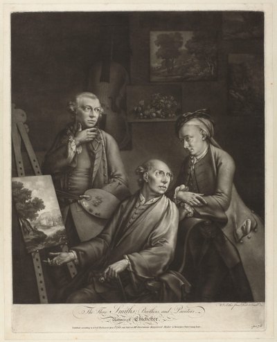 Portret van William, John y George Smith de Chichester Los tres herreros; Hermanos y pintores, nativos de Chichester (título sobre el objeto) de William Pether