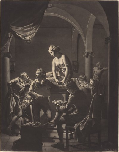 Una academia a la luz de la lámpara de William Pether after Joseph Wright