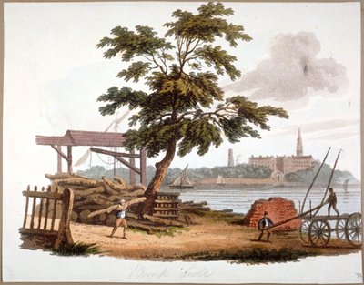 Hombres moviendo madera en Bankside, Southwark, Londres, c1810 de William Pickett