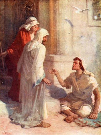 En la Puerta Hermosa, Hechos iii, 2 (litografía en color) de William Pratt