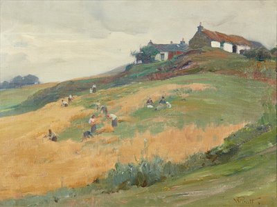 Trabajadores de la cosecha en una colina (óleo sobre lienzo) de William Pratt