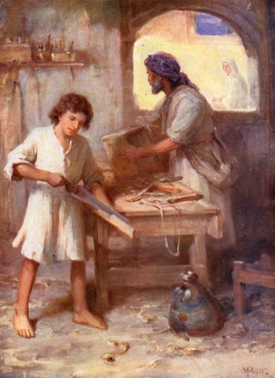 Jesús en el taller del carpintero, Lucas ii, 51, 52 (litografía en color) de William Pratt