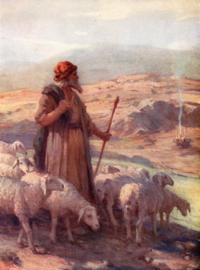 Moisés y la zarza ardiente, Éxodo iii, 2 (litografía en color) de William Pratt