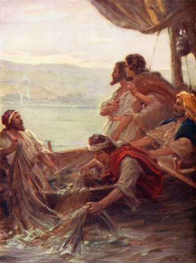 La mañana junto al mar de Tiberíades, Juan xxi, 4-6 (litografía en color) de William Pratt