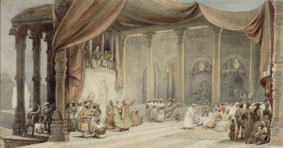 Europeos siendo entretenidos por bailarines y músicos en una espléndida casa india en Calcuta durante Durga puja de William Princep