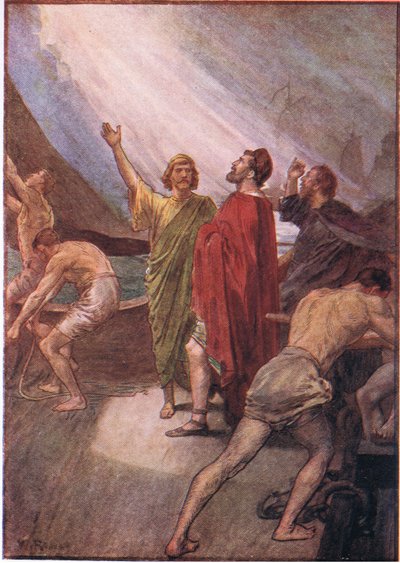 Timoleón zarpando hacia Sicilia, de Vidas de Plutarco publicado por T C & E C Jack Ltd de William Rainey