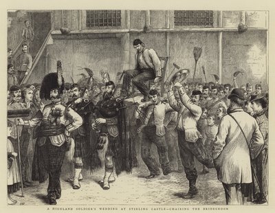 La boda de un soldado de las Tierras Altas en el Castillo de Stirling, llevando en andas al novio de William Ralston