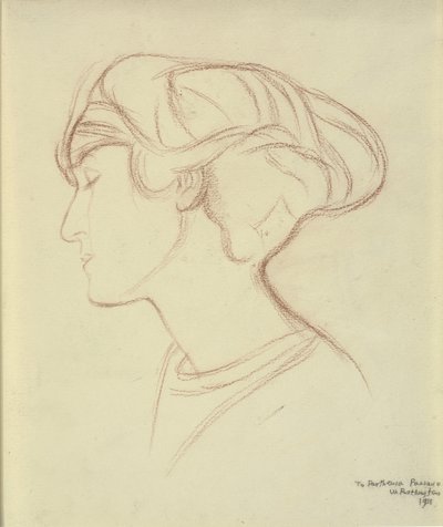 Cabeza de mujer (Parthenia Passano?) de perfil hacia la izquierda de William Rothenstein