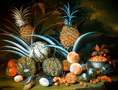 Bodegón de piñas, melones, duraznos, fresas, cerezas y otras frutas de William Sartorius