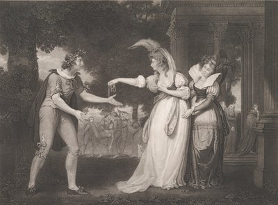 Ante el Palacio del Duque-Rosalind, Celia, Orlando, el Duque..., primera publicación 1800, reeditado 1852 de William Satchwell Leney