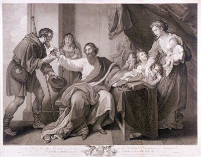 Alfredo el Grande dividiendo su pan con el peregrino, 1782 de William Sharpe