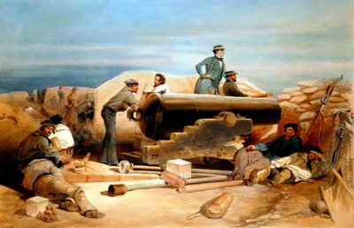 Un día tranquilo en la batería de diamantes - retrato de un Lancaster de 68 libras, Guerra de Crimea 1855-1856 de William Simpson