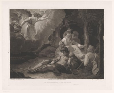 Verkondiging aan de pastores Los ángeles apareciendo a los pastores (título sobre el objeto) de William Skelton