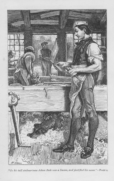 Adam Bede, el carpintero del pueblo, en el taller, su perro Gyp sobre un montón de virutas bajo el banco. Adam Bede de George Eliot, publicado por primera vez en 1859. Ilustración de William Small de una edición publicada c1885. de William Small