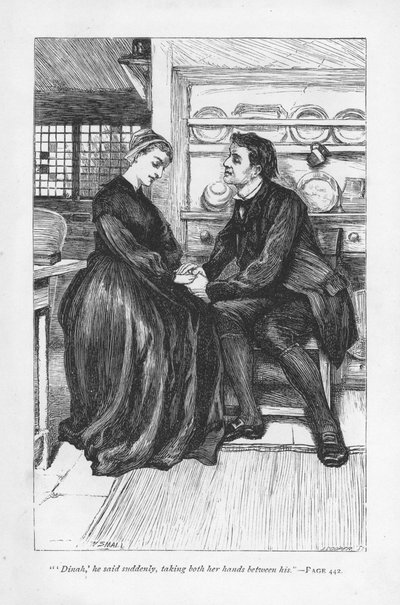 Después de las pruebas y tribulaciones de la historia, Adam Bede declara su amor a Dinah Morris, la predicadora metodista. Adam Bede por George Eliot, publicado por primera vez en 1859. Ilustración de William Small (1843-1929) de una edición publicada c188 de William Small