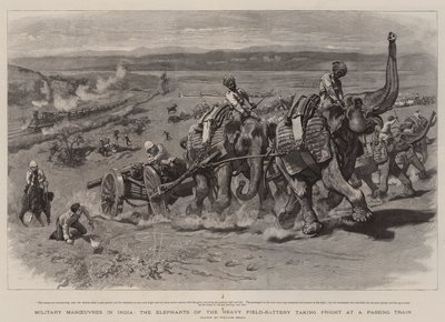 Maniobras Militares en India, los Elefantes de la Batería de Campo Pesado asustados por un Tren que Pasa de William Small