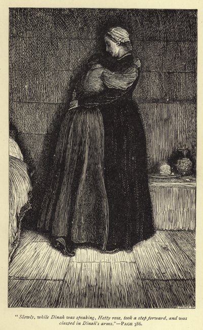 Lentamente, mientras Dinah hablaba, Hetty se levantó, dio un paso adelante y fue abrazada por Dinah de William Small