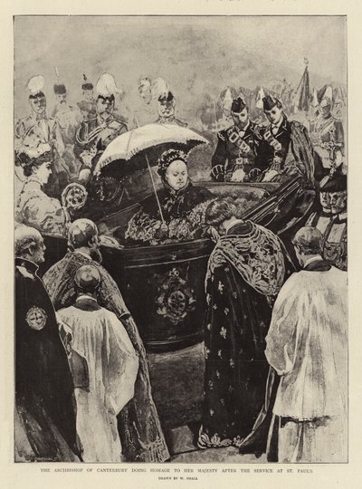 El Arzobispo de Canterbury rindiendo homenaje a Su Majestad después del Servicio en St. Paul