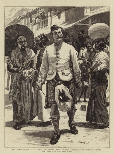 El Príncipe de Gales en Ceilán, el gaitero del Príncipe asombrando a los nativos de Kandy de William Small