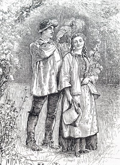 La coronación de la Reina de Mayo con una corona de espino por su enamorado. Por William Small (1843-1929) un ilustrador inglés de William Small