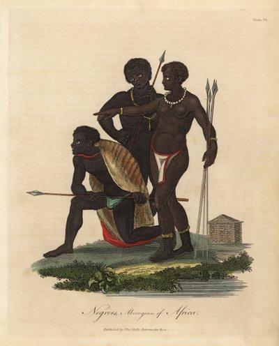 Nativos sudafricanos con lanzas, abrigo de piel de animal, collar de William Smellie