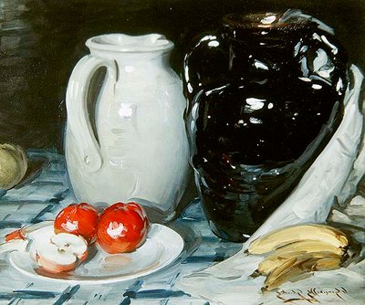 Naturaleza muerta con manzanas y plátanos, y una gran jarra y un jarrón (óleo sobre tabla) de William Somerville Shanks