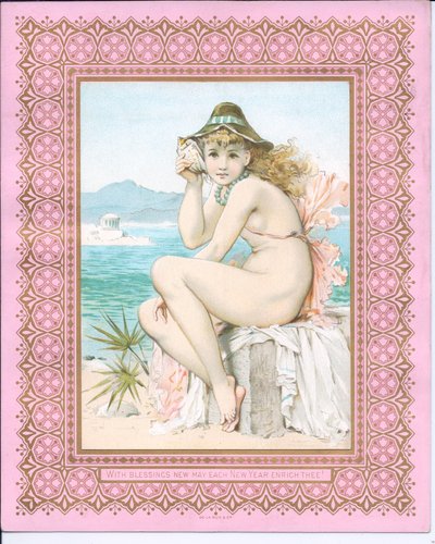 Tarjeta de Año Nuevo victoriana de una belleza bañista en una playa sosteniendo una concha en su oído, c.1881 de William Stephen Coleman