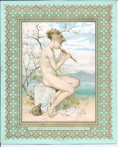 Tarjeta de Año Nuevo victoriana de una belleza bañista en una playa tocando una flauta, c.1881 de William Stephen Coleman