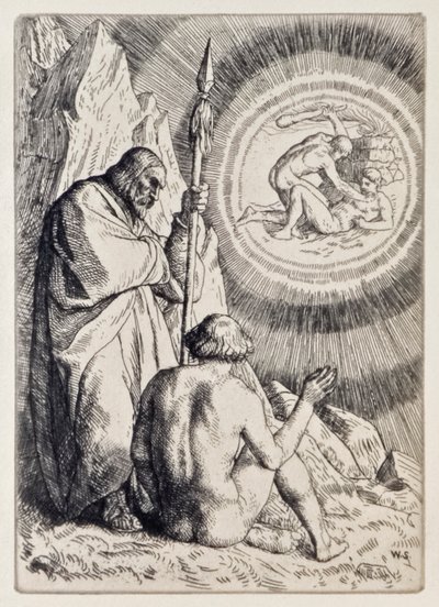 Miguel presenta a Adán una visión de El Paraíso Perdido de John Milton, una serie de 12 ilustraciones grabadas por William Strang de William Strang