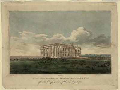 Vista de la Casa Blanca en la ciudad de Washington después del incendio del 24 de agosto de 1814 de William Strickland