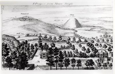 Vista desde el campanario de Avebury de la colina de Silbury, ilustración de 