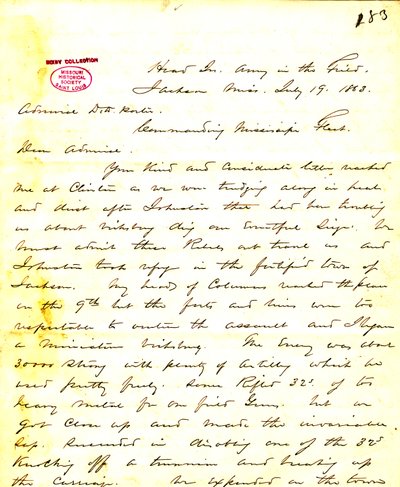 Carta de W. T. Sherman, cuartel general, Ejército en el Campo, Jackson, Mississippi, a [David D.] Porter, 19 de julio de 1863 de William T. Sherman