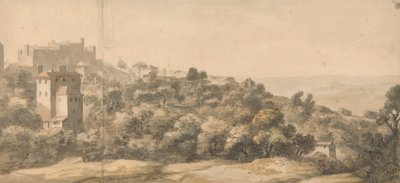 Un paisaje italiano: pueblo en una colina a la izquierda, ladera inclinada hacia la derecha, con un lejano valle más allá de William Taverner