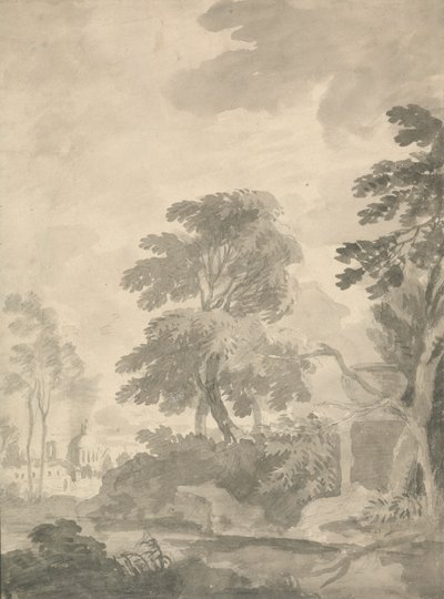 Paisaje, árboles y una vista lejana de Roma de William Taverner