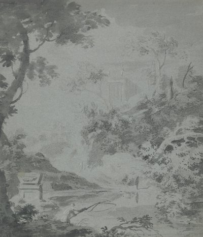 Paisaje con un edificio clásico lejano y un hombre pescando de William Taverner