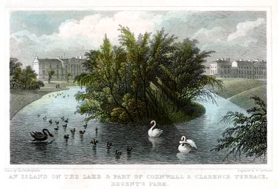 Isla en el lago y Parte de Cornwall y Clarence Terraces, Regents Park, Londres, 1828 de William Tombleson