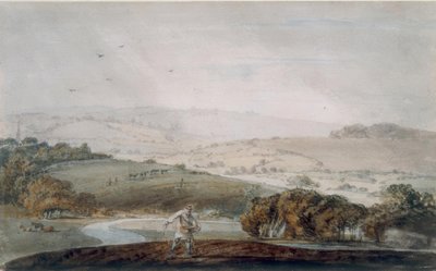 Un granjero sembrando, un valle fluvial y colinas onduladas más allá de Joseph Mallord William Turner
