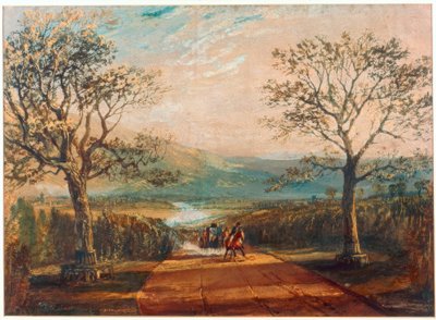 Carruaje en camino a través del valle, páramos detrás de Joseph Mallord William Turner
