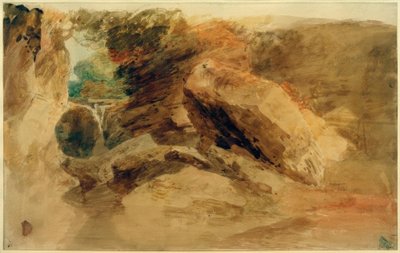 Rocas bajo un acantilado, con un arroyo cayendo en un canal estrecho de Joseph Mallord William Turner