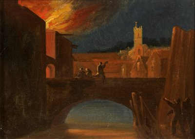 Disturbios de Bristol: La Quema de Bridewell, con la Iglesia de San Miguel, Puente de Bridewell, c.1831 de William W. Wheatley