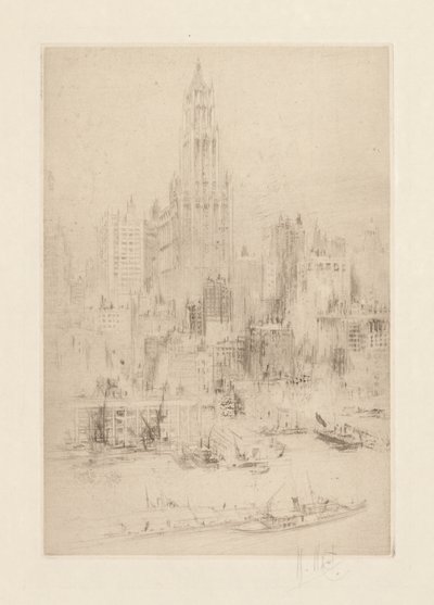 Centro de Manhattan desde el East River, con el edificio Woolworth de William Walcot